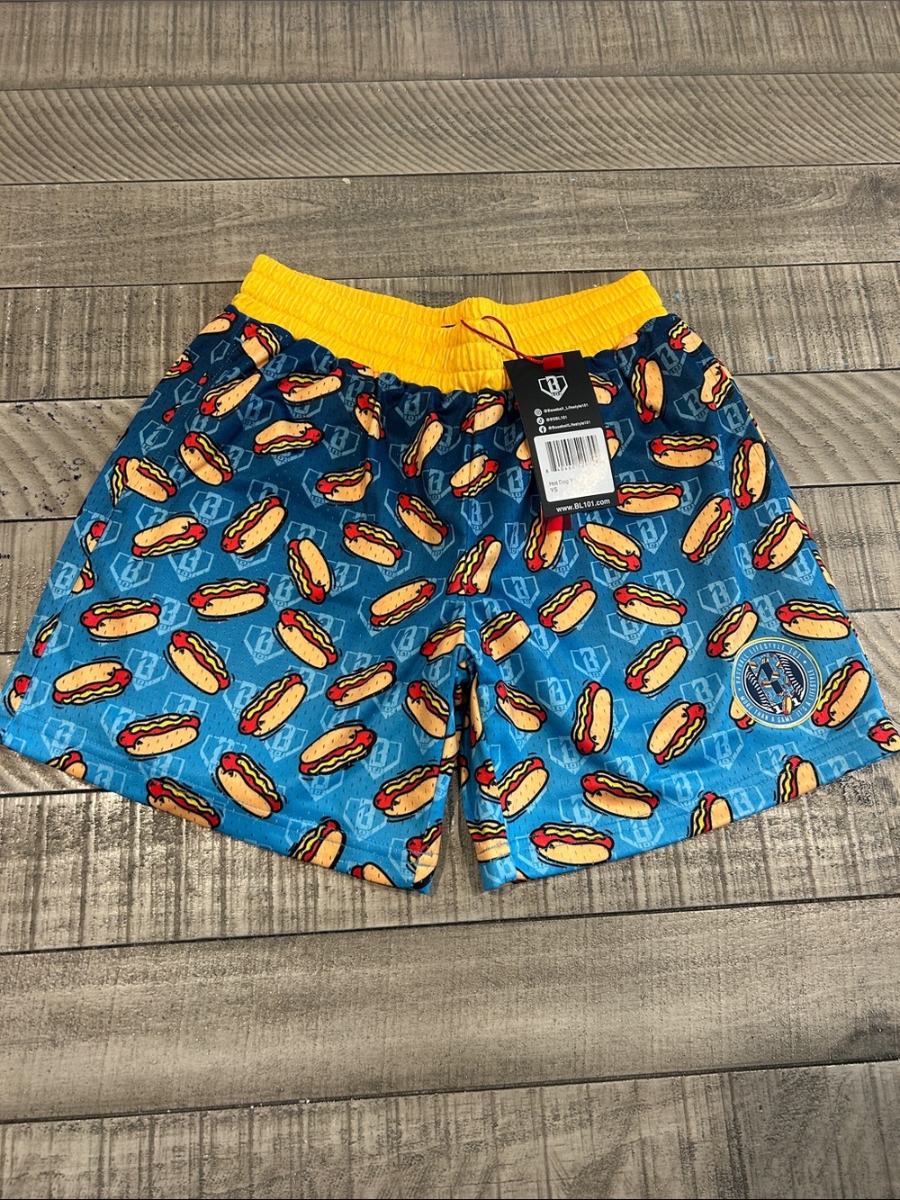 Kids Blue Hot Dog Print Swim Shorts with Yellow Waistband - Unbranded